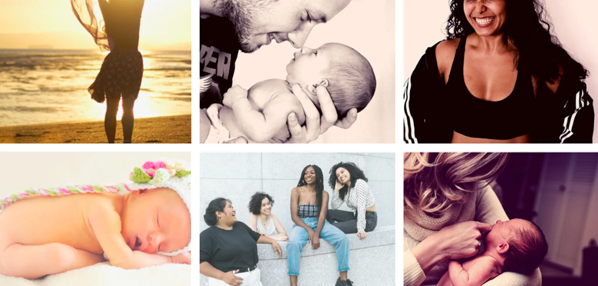 Mosaïque de six photos : femme sur une plage au coucher du soleil, père embrassant son nouveau-né, femme souriante, nouveau-né endormi, groupe d’amies, mère tenant son bébé